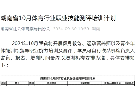 【李维刚健身学院·新国职培训】湖南省10月体育行业职业技能测评培训计划